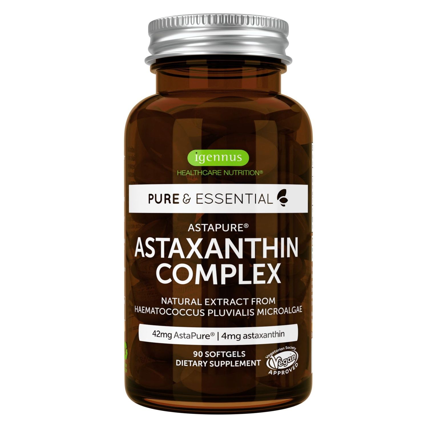 Igennus Vegan Astaxanthin 4mg Complex with Lutein and Zeaxanthin, 90 Small Softgels, from 42 mg Astapure, Natural Algae Antioxidant for Eyes, Skin &amp; Joints, Non-GMO, H. Pluvialis