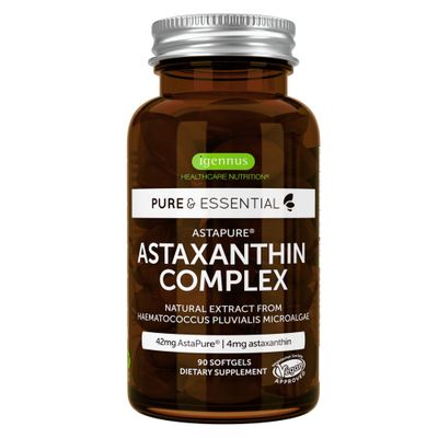 Igennus Vegan Astaxanthin 4mg Complex with Lutein and Zeaxanthin, 90 Small Softgels, from 42 mg Astapure, Natural Algae Antioxidant for Eyes, Skin &amp; Joints, Non-GMO, H. Pluvialis