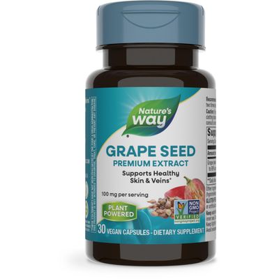 Nature&#39;s Way Grape Seed Premium Extract, Supports Healthy Skin and Veins, Antioxidant Support, Non-GMO Project Verified, 30 Vegan Capsules (Packaging May Vary)