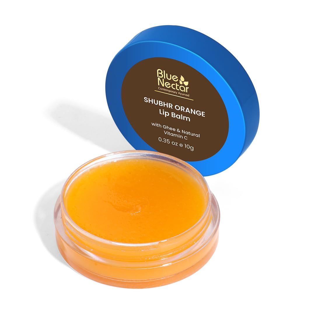 Blue Nectar Ayurvedic Orange Lip Balm with Organic Ghee &amp; Natural Vitamin C for Dry Lips | Moisturizing Lip Gloss with Clean Ingredients (0.35 oz, 10 Herbs)