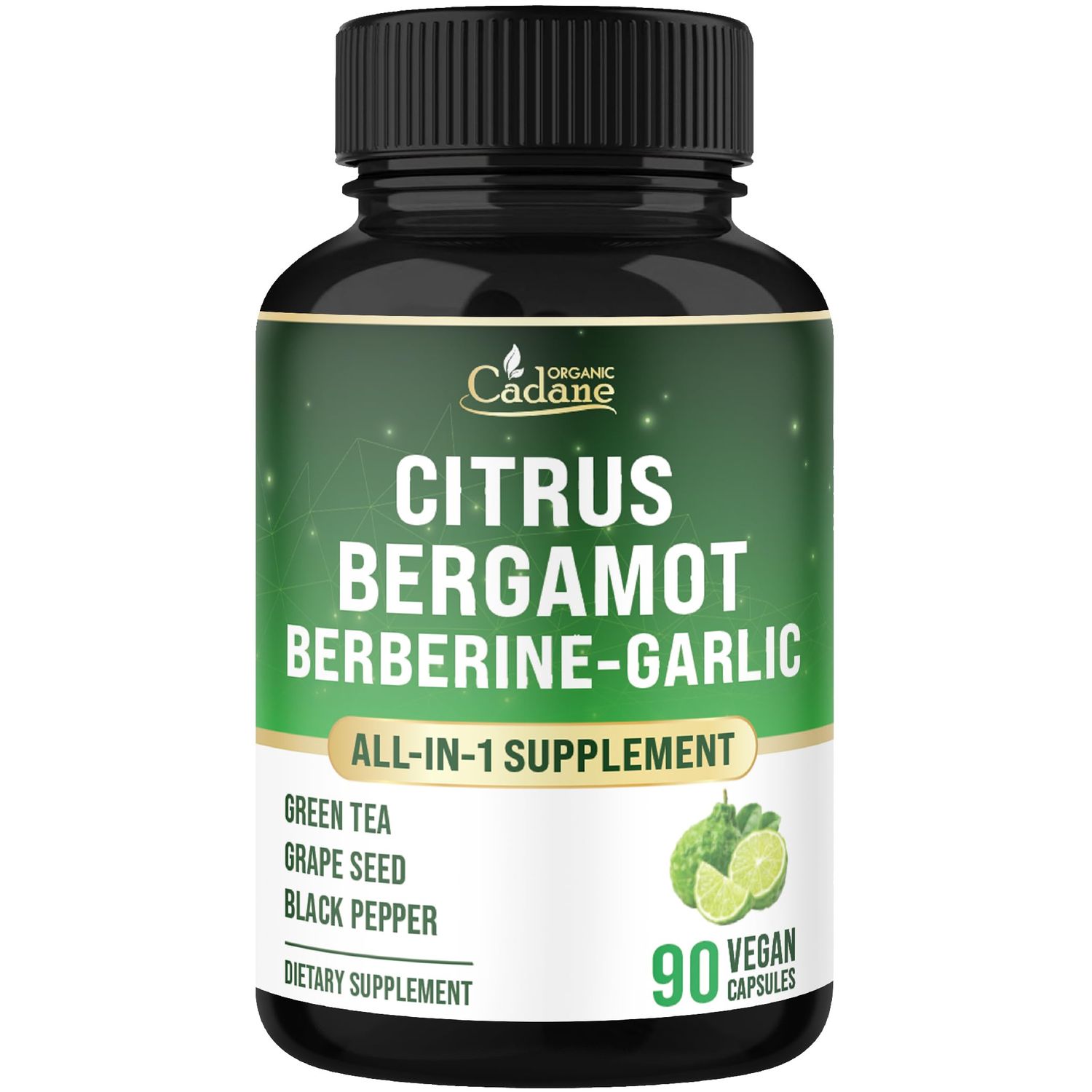 Organic Cadane Citrus Bergamot Supplement with Berberine, Garlic, Green Tea, Grape Seed &amp; Black Pepper | Wellness &amp; Vitality Support | Vegan, Non-GMO - 90 Capsules - 45-Day Supply