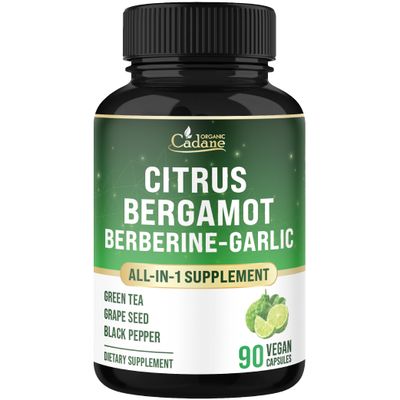 Organic Cadane Citrus Bergamot Supplement with Berberine, Garlic, Green Tea, Grape Seed &amp; Black Pepper | Wellness &amp; Vitality Support | Vegan, Non-GMO - 90 Capsules - 45-Day Supply