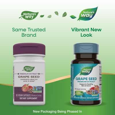 Nature's Way Grape Seed Premium Extract, Supports Healthy Skin and Veins, Antioxidant Support, Non-GMO Project Verified, 30 Vegan Capsules (Packaging May Vary)