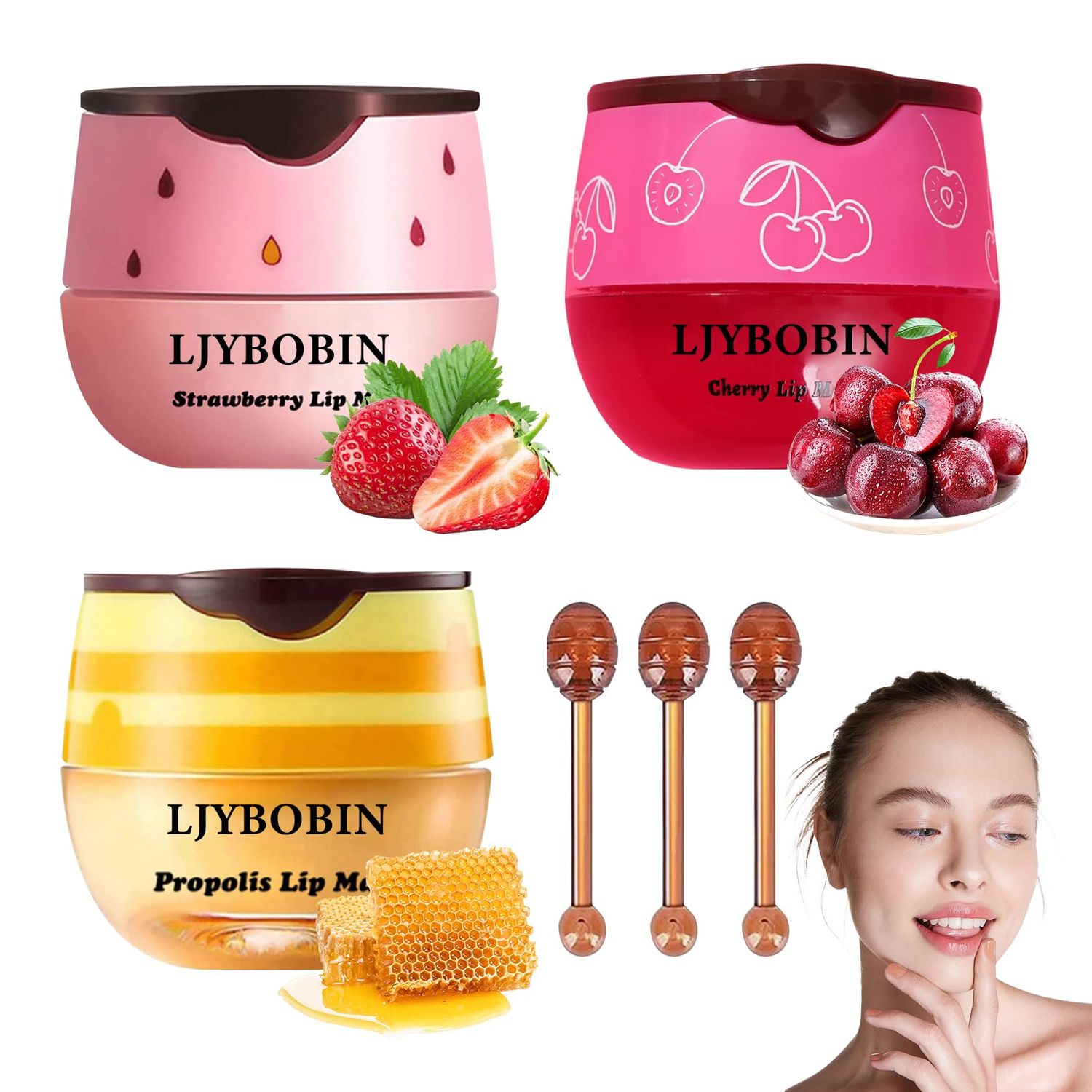 3PCS Bee Lip Balm Honey Pot with Brush,Day and Night Hydrating Sleeping Lip Mask,Honey &amp; Strawberry &amp; Cherries Gentle Tinted Lip Balm,Non-Greasy Lip Scrubs Exfoliator Moisturizer