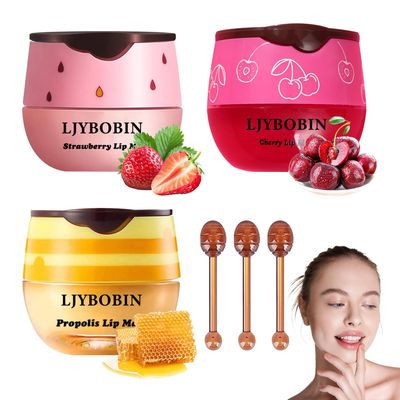 3PCS Bee Lip Balm Honey Pot with Brush,Day and Night Hydrating Sleeping Lip Mask,Honey &amp; Strawberry &amp; Cherries Gentle Tinted Lip Balm,Non-Greasy Lip Scrubs Exfoliator Moisturizer