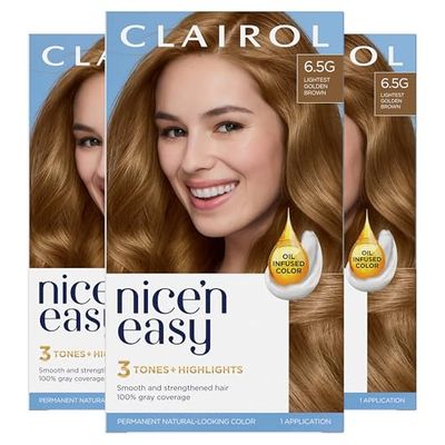 Clairol Nice&#39;n Easy Permanent Hair Dye, 6.5G Lightest Golden Brown Hair Color, Pack of 3