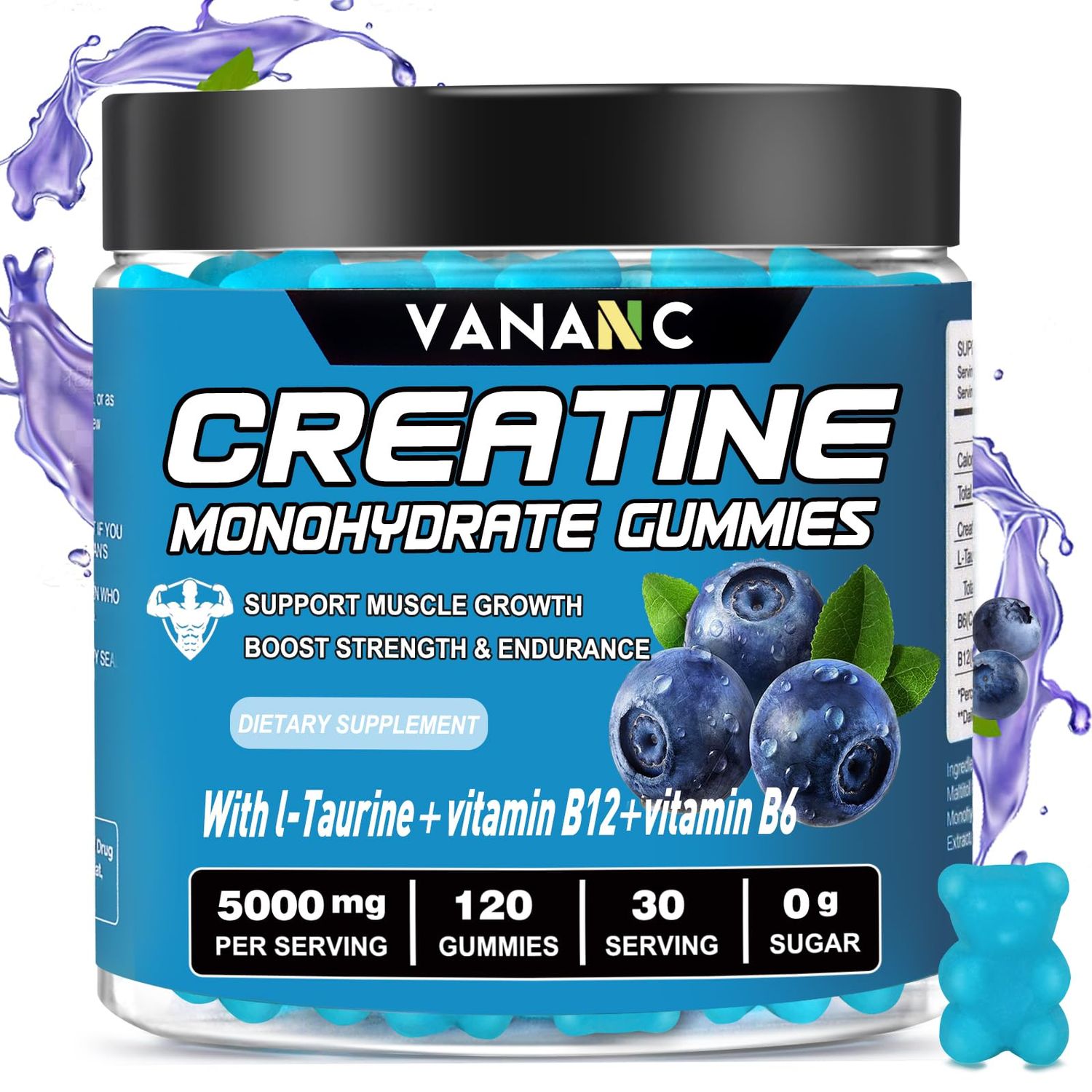 Creatine Monohydrate Gummies 5000mg for Men &amp; Women-120 Gummies,Sugar-Free,with L-Taurine Vitamins for Muscle Strength,Energy Boost, Pre-Workout Supplement,Low in Calories