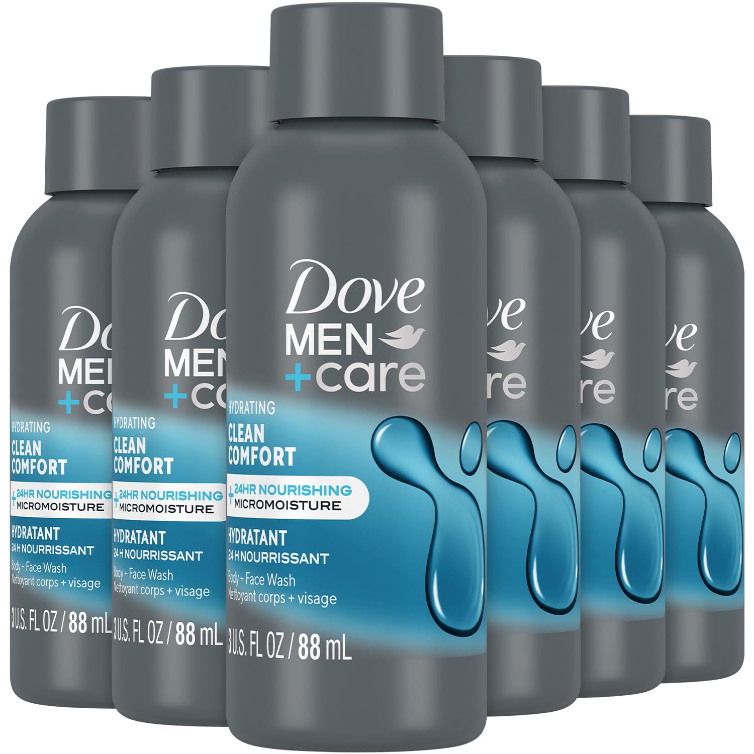 Dove Men Care Body Face Wash, Clean Comfort 6-Pack - Hydrating Shower Gel Formula for Healthy, Smooth Skin, 3 Oz Ea