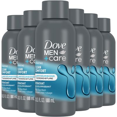 Dove Men Care Body Face Wash, Clean Comfort 6-Pack - Hydrating Shower Gel Formula for Healthy, Smooth Skin, 3 Oz Ea