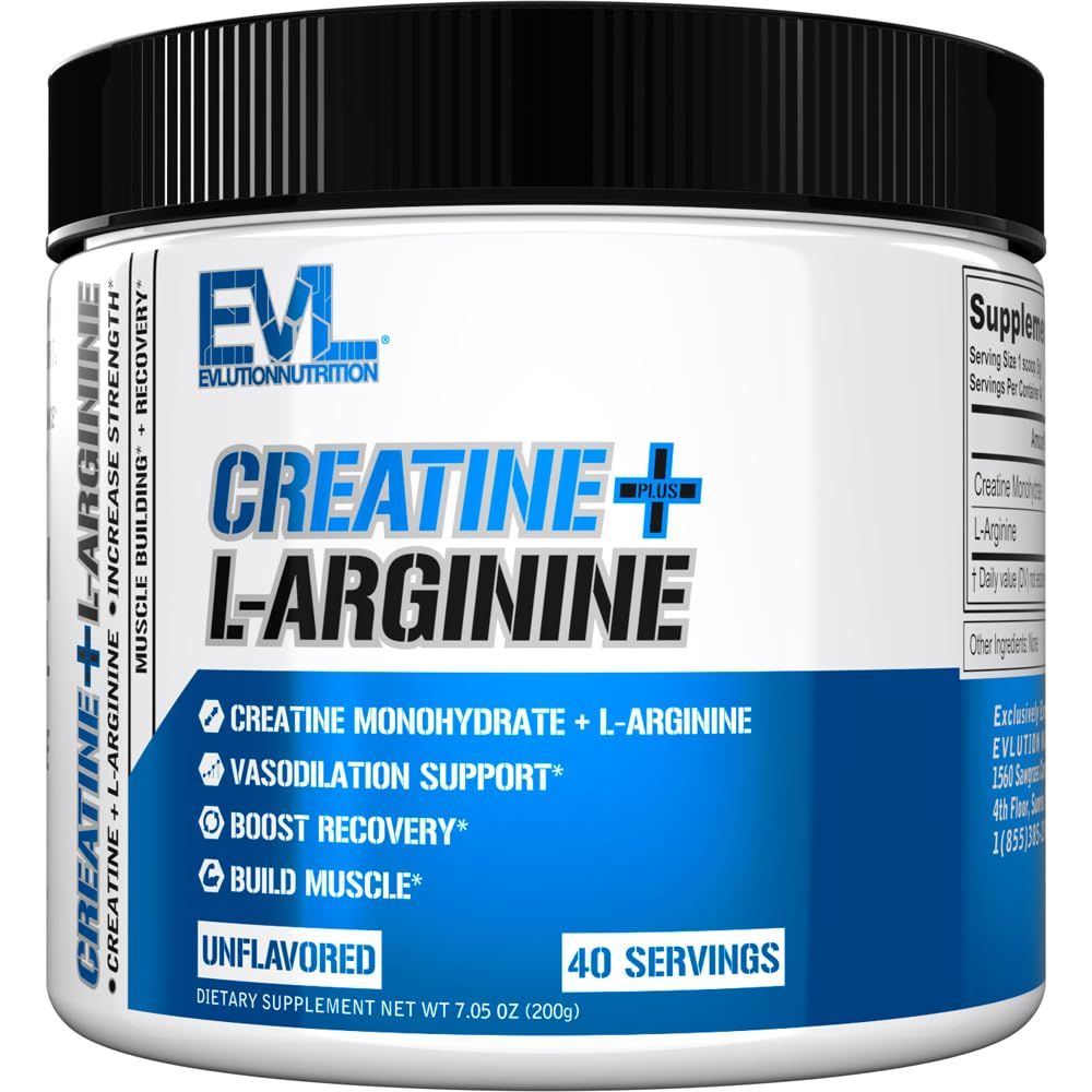 Evlution Nutrition Creatine L-Arginine - Supports Vascularity, Recovery &amp; Lean Muscle Growth - 2500mg Creatine Monohydrate &amp; 2500mg L-Arginine Per Serving - 40 Servings - Unflavored Powder