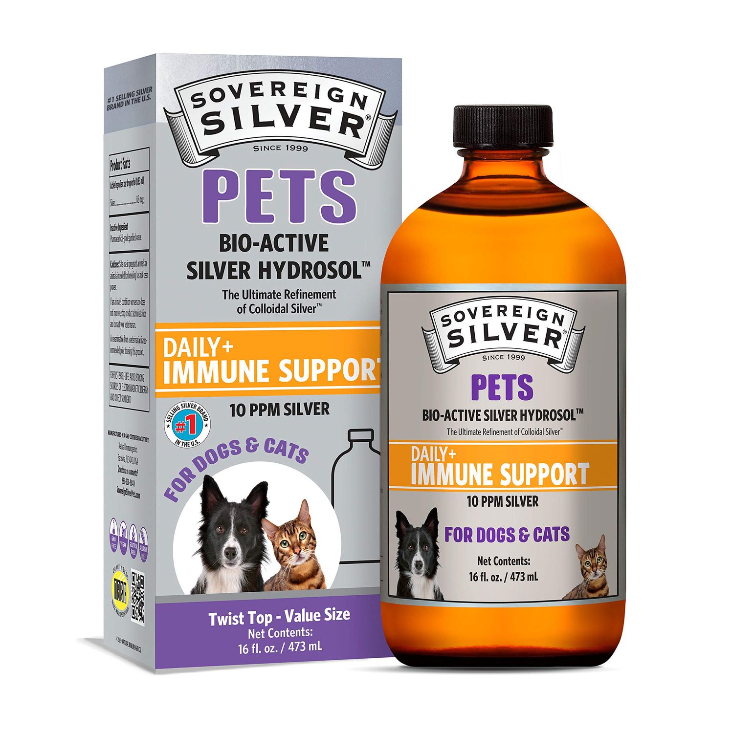 Sovereign Silver Pets Immune Support - Colloidal Silver, Bio-Active Silver Hydrosol, for dogs and cats, 10 ppm, Liquid Twist Top, 16 Fl Oz, (473 mL)