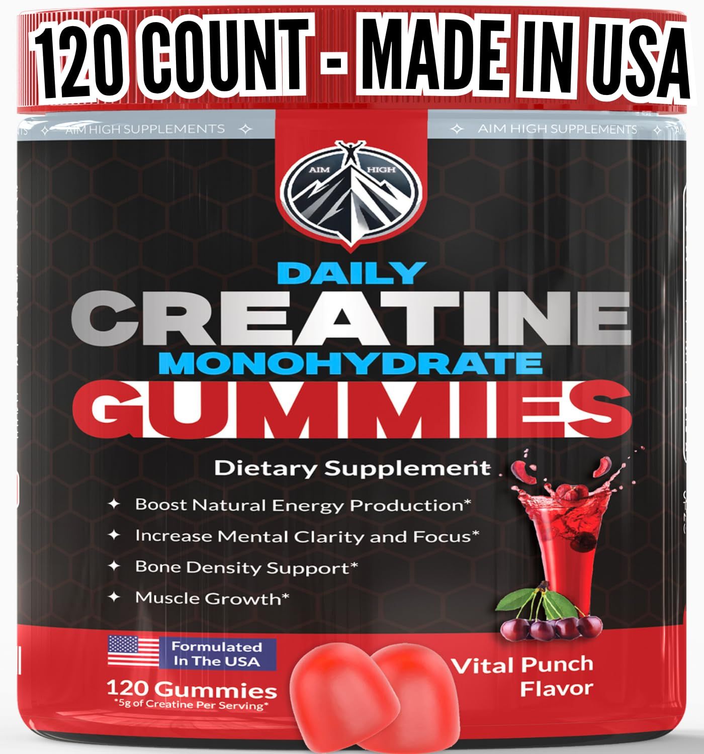 Aim High Creatine Gummies, Creatine Monohydrate Gummies, Creatine Monohydrate, Creatine for Men and Women, Creatine | Reduce Brain Fog, Build Muscle, Boost Energy | Veteran Owned | 120ct, Fruit Punch