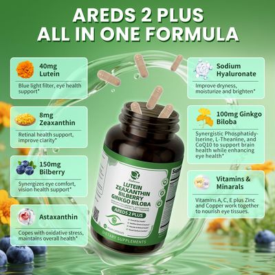 Lutein and Zeaxanthin Supplements - Advanced AREDS 2 Eye Vitamins - Bilberry Supplement for Eyes, with Astaxanthin, Ginkgo Biloba, Sodium Hyaluronate - for Eye Health & Brain Support, 60 Capsules