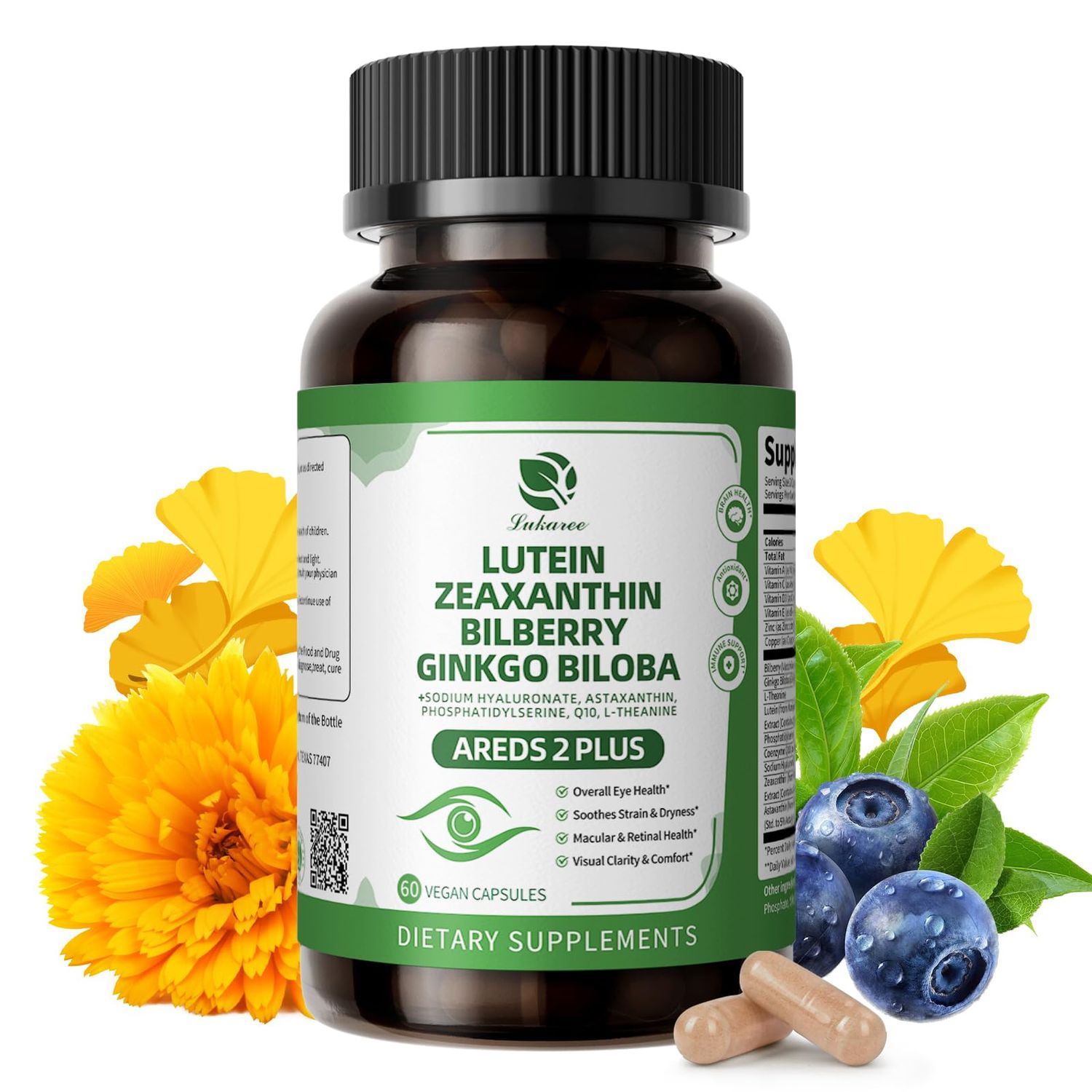 Lutein and Zeaxanthin Supplements - Advanced AREDS 2 Eye Vitamins - Bilberry Supplement for Eyes, with Astaxanthin, Ginkgo Biloba, Sodium Hyaluronate - for Eye Health &amp; Brain Support, 60 Capsules