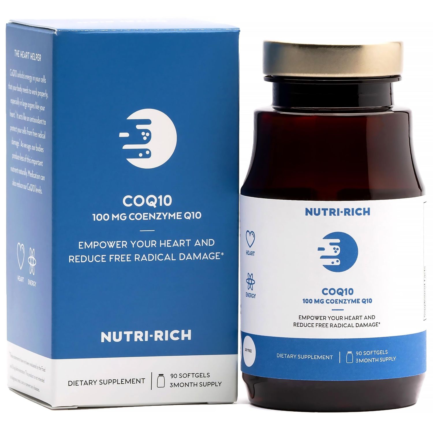 Nutri-Rich CoQ10 High Potency 100mg Coenzyme Q10, Ubiquinone, Antioxidant for Heart Health &amp; Cellular Energy, Naturally Fermented, for Aging &amp; Statin Usage, 3 Month Supply (90 Softgels)