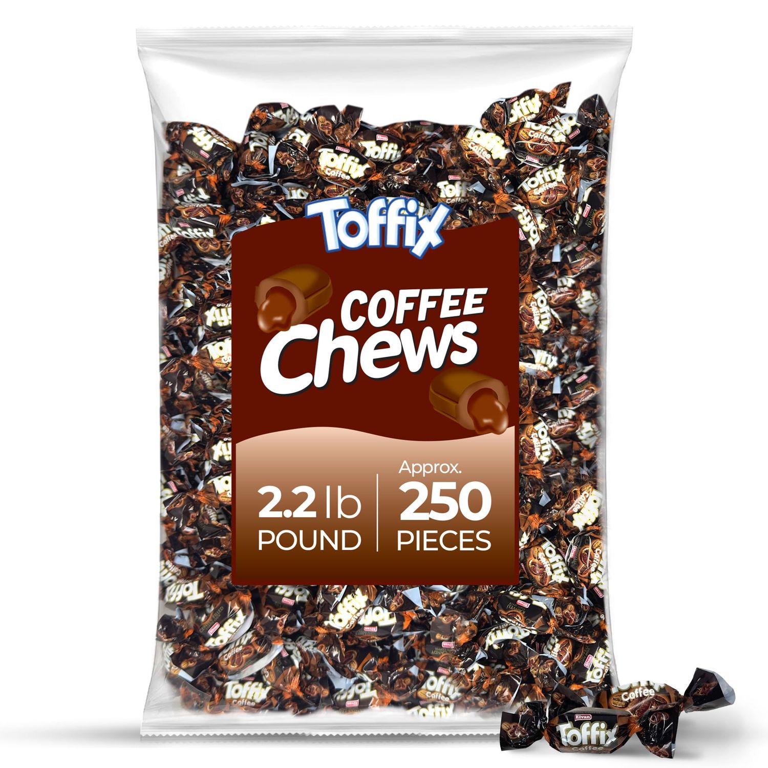 Toffix Coffee Chews, Center-Filled Soft Chewy Candy, 250 Pieces of Individually Wrapped Snacks for Kids &amp; Adults, Coffee Flavored Chewy Candies - 2 Pound Bulk Bag