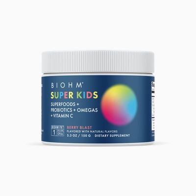 BIOHM Super Kids Superfood Powder Plus Probiotics, (5.3 Oz, 30 Servings) Delicious Berry Blast, Antioxidants, Omega 3 &amp; Vitamin C, Non-GMO, Dairy Free, No Artificial Ingredients, Vegetarian, Ages 4