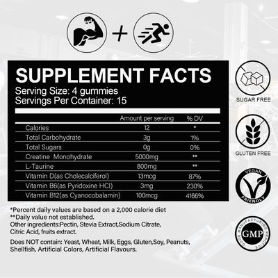 vidabotan Sugar Free Creatine Monohydrate Gummies 5g for Men & Women, Creatine chewable Gummies Blend with Taurine, Vitamin B6&B12 for Muscle Strength, Energy Boost, Mixed Berries, Vegan(120 Count)