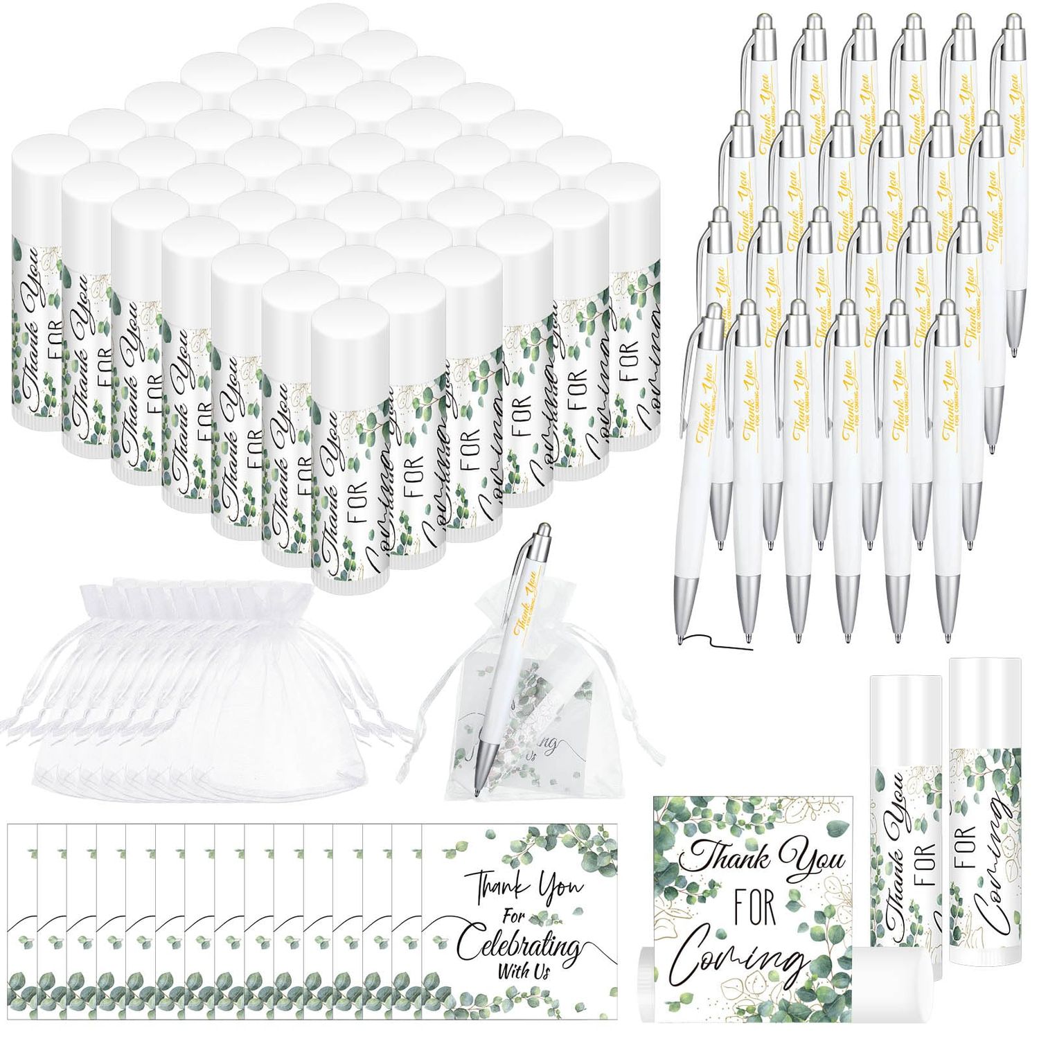 Heigble 50 Set Wedding Thank You Gifts, Thank You Lip Balm Bulk Retractable Ballpoint Pen Appreciation Card Organza Drawstring Gift Bag Bridal Shower Gift for Guest Wedding Party(Eucalyptus Leaf)