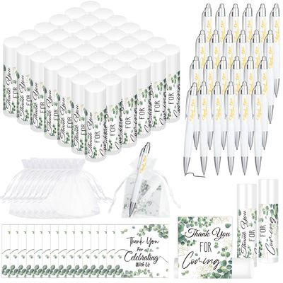 Heigble 50 Set Wedding Thank You Gifts, Thank You Lip Balm Bulk Retractable Ballpoint Pen Appreciation Card Organza Drawstring Gift Bag Bridal Shower Gift for Guest Wedding Party(Eucalyptus Leaf)
