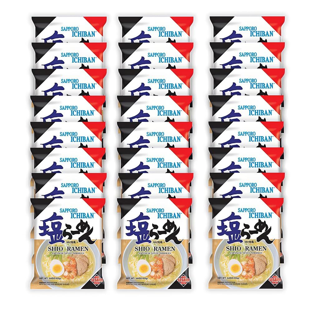 SAPPORO ICHIBAN Shio Flavor Ramen Noodles, No. 1 Tasting Japanese Instant Noodles (3.5 Oz. x 24 pouches)