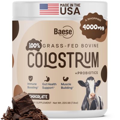 Baese Nutrition Organic Chocolate 4000mg Grass Fed Bovine Colostrum Powder Probiotics Colostrum Supplement for Kids &amp; Adults with Immunoglobulins (220.98 Grams)