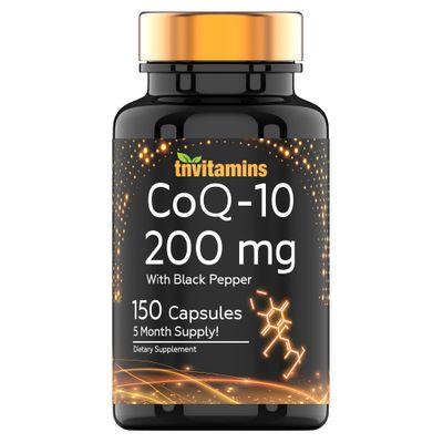 tnvitamins CoQ-10 200mg - 150 Capsules with Black Pepper Extract | 5 Month Supply! | Powerful Free Radical Fighting Antioxidant | Max Absorption Rapid Release Capsules | Coenzyme Q-10 200 mg