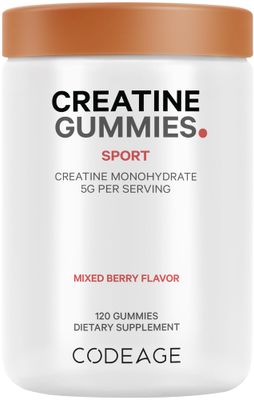 Codeage Creatine Monohydrate Gummies Supplement - 5000mg Creatine - AstraGin Panax &amp; Astralagus - Sport Gummy - Mixed Berry Flavor - Kettlebell Shape Vitamins - Vegan - Non-GMO - 120 Gummies
