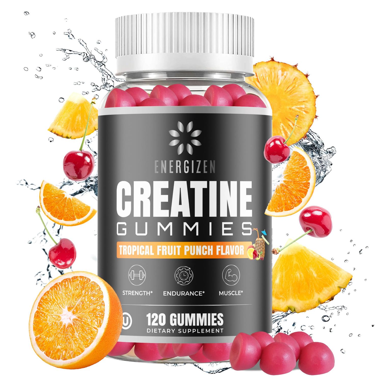 Energizen Creatine Monohydrate Gummies - Tropical Fruit Punch Flavor | 5g Creatine Per Serving | Vegetarian, Kosher, Halal, Gluten-Free, Gelatin-Free, Natural Flavors &amp; Colors.
