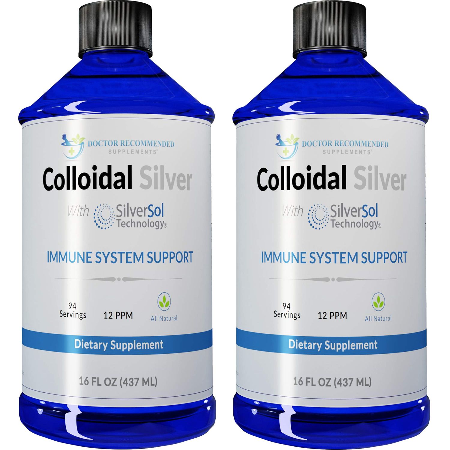Colloidal Silver Liquid - 12 PPM Premium Silver Solution, 60 MCG Per Serving, All Natural, Vegan Immune System Support, Ionic Silver Water Daily Mineral Supplement (2-16 Fl oz Bottles)