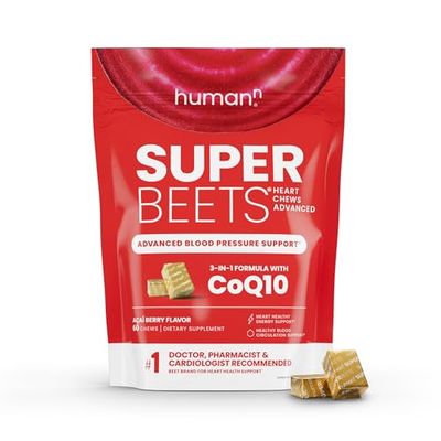 humanN SuperBeets Heart Chews Advanced - 3-in-1 Formula with Beetroot, Grape Seed Extract, &amp; CoQ10, 60 Count