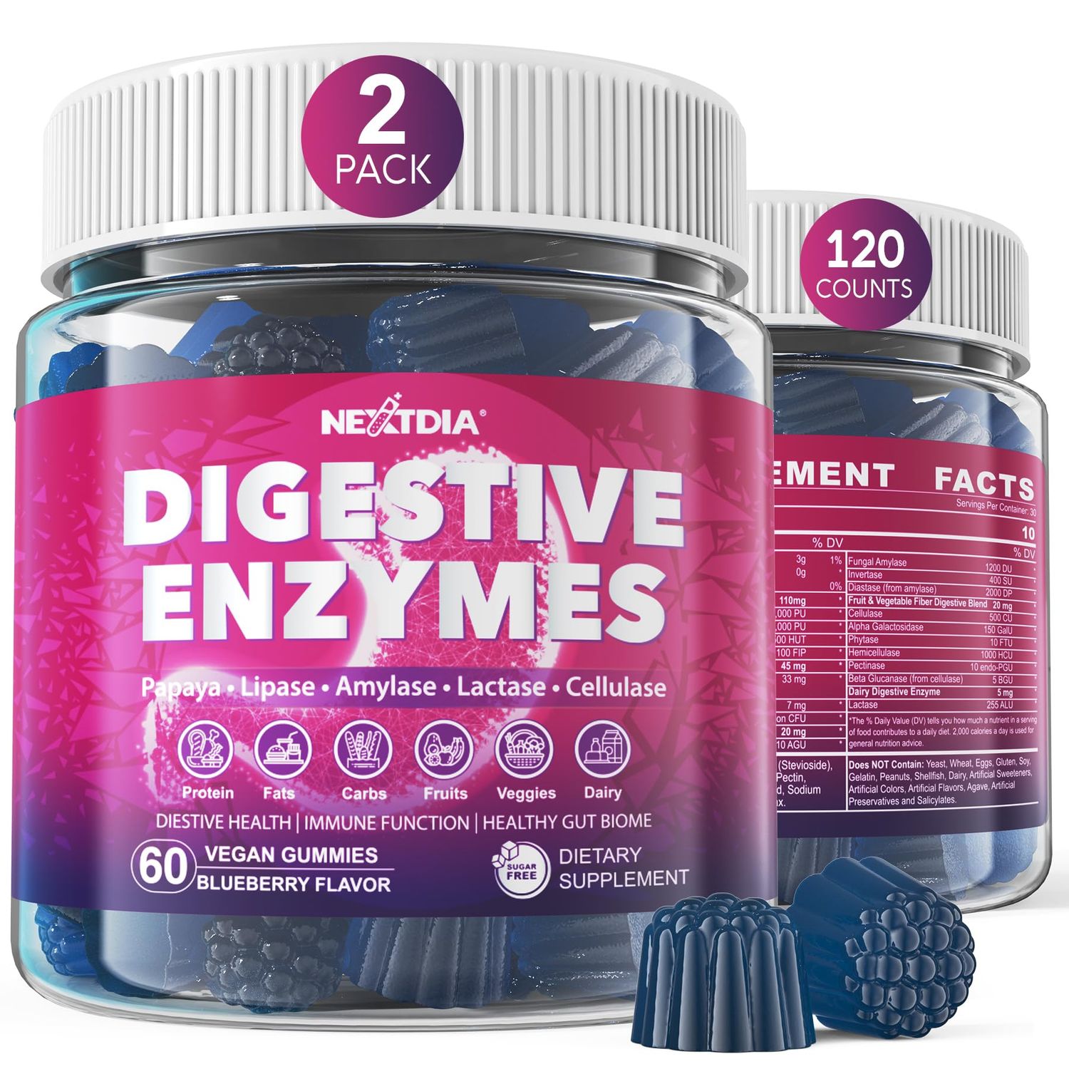 Digestive Enzymes for Women &amp; Men Gummies w/ Probiotics, Papaya, Bromelain, Ginger - Bloating Relief &amp; Gut Health Chewable Supplement Digest Proteins Dairy Carbs Veggies Fats, Sugar Free Vegan, 120Cts