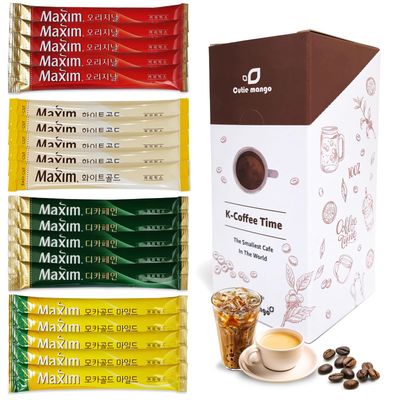 Korean Instant Coffee Mix Variety 20 Sticks (4 Types) Maxim Instant Single Serve Mocha White Decaf Original Flavors (5 Sticks Each)