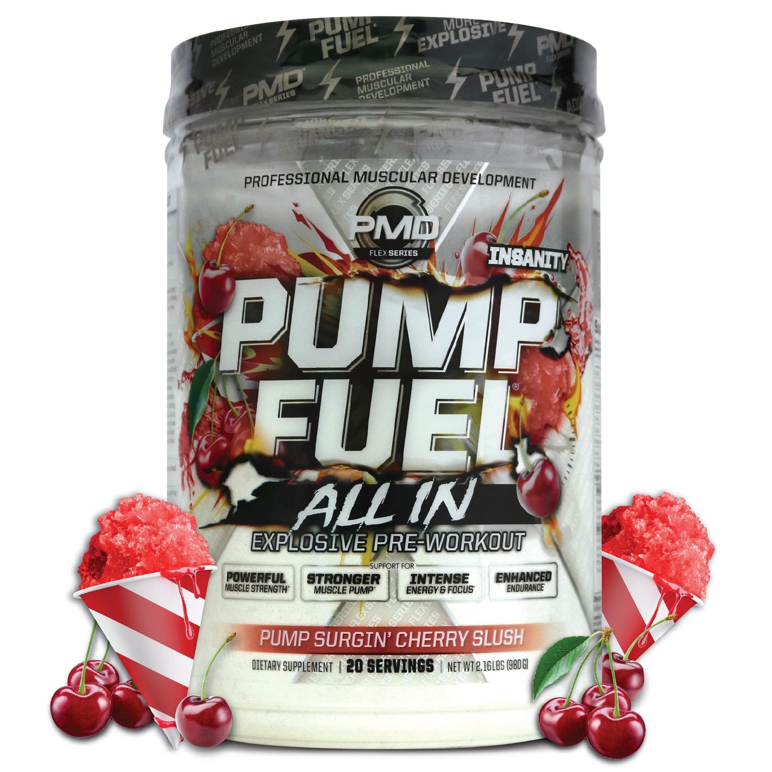 PMD Sports Pump Fuel All in Insanity - Ultimate Muscle Pump Supplement &amp; Pre Workout Powder - Maximum Energy and Focus with Premium Creatine, Beta Alanine &amp; More -Surgin Cherry Slush (20 Servings)
