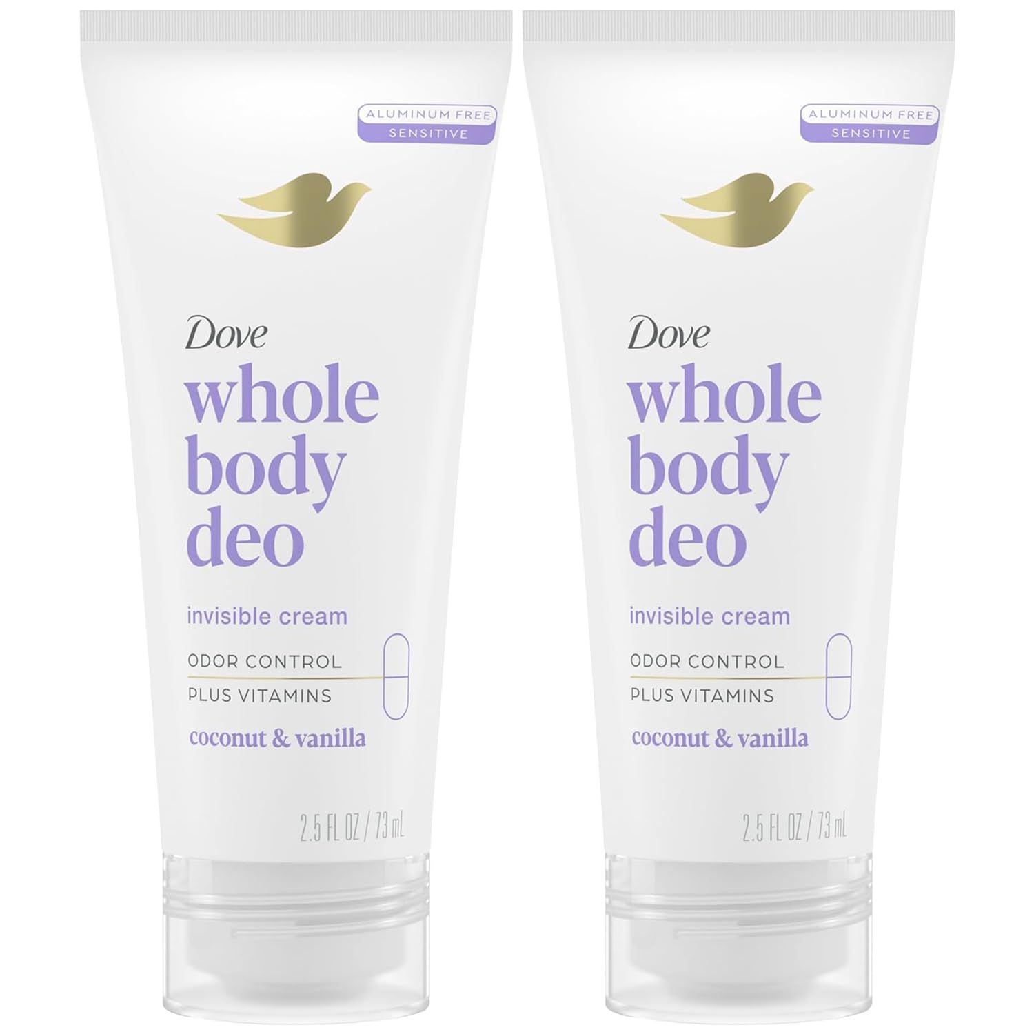 Dove Whole Body Deo Aluminum Free Invisible Cream Deodorant Coconut &amp; Vanilla for 72h Odor Control, 2.5 oz (Pack of 2)