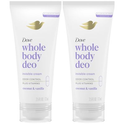 Dove Whole Body Deo Aluminum Free Invisible Cream Deodorant Coconut &amp; Vanilla for 72h Odor Control, 2.5 oz (Pack of 2)
