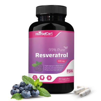 HerbalCart Pure Resveratrol Supplement - 500mg, 99 Pure Antioxidant for Healthy Aging, Skin, Hair &amp; Overall Wellness (Pack of 1)