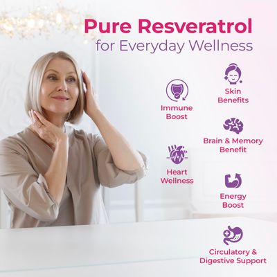 HerbalCart Pure Resveratrol Supplement - 500mg, 99 Pure Antioxidant for Healthy Aging, Skin, Hair &amp; Overall Wellness (Pack of 1)