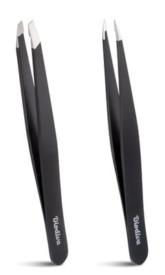 2-Pack Tweezers for Eyebrows, Facial Hair, Ingrown Hair Removal, Slant and Point Tip Tweezer Set for Women and Men, Professional Stainless Steel Precision Eyebrow Plucking Grooming with Case - Black