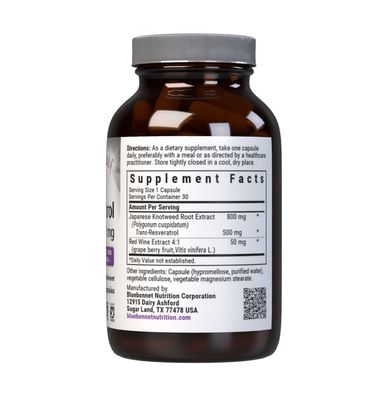 Bluebonnet Nutrition Beautiful Ally Resveratrol 500mg, Protect Skin Integrity, Non-GMO, Vegan, Gluten-Free, Soy-Free, Dairy-Free, 30 Vegetable Capsules, 30 Servings