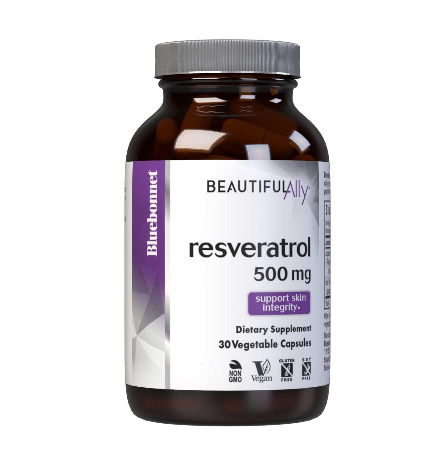 Bluebonnet Nutrition Beautiful Ally Resveratrol 500mg, Protect Skin Integrity, Non-GMO, Vegan, Gluten-Free, Soy-Free, Dairy-Free, 30 Vegetable Capsules, 30 Servings