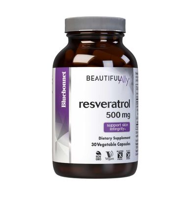 Bluebonnet Nutrition Beautiful Ally Resveratrol 500mg, Protect Skin Integrity, Non-GMO, Vegan, Gluten-Free, Soy-Free, Dairy-Free, 30 Vegetable Capsules, 30 Servings