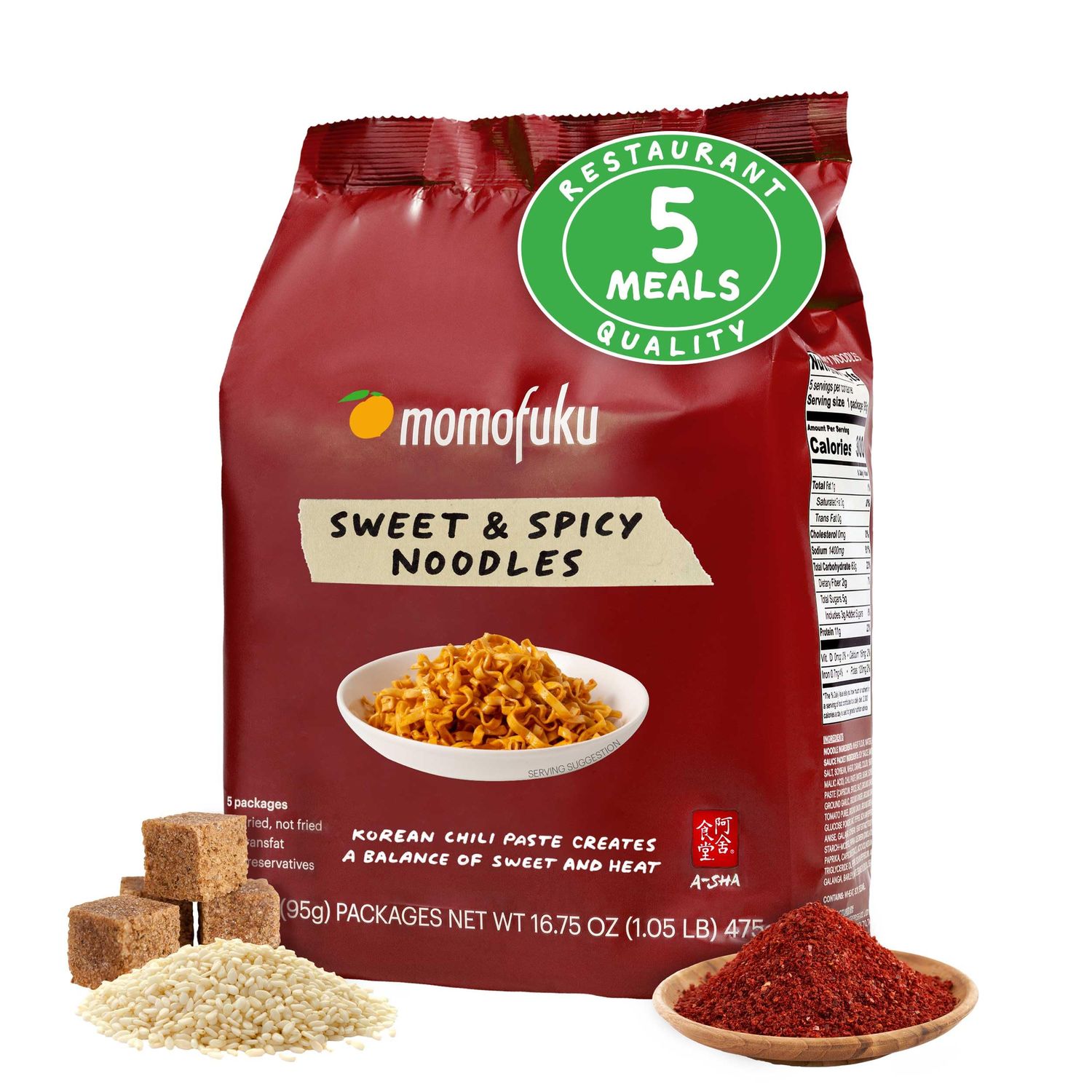 Momofuku Sweet &amp; Spicy Ramen Noodles by David Chang, 5 Count (Pack of 1) Air-Dried Vegan Instant Noodles with Sauce