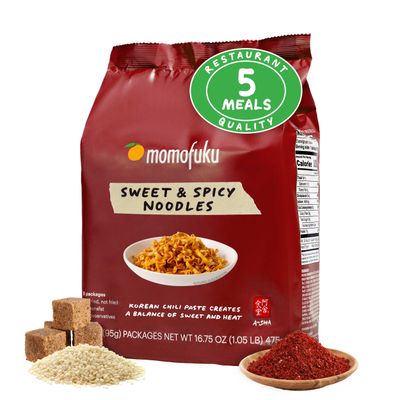 Momofuku Sweet &amp; Spicy Ramen Noodles by David Chang, 5 Count (Pack of 1) Air-Dried Vegan Instant Noodles with Sauce