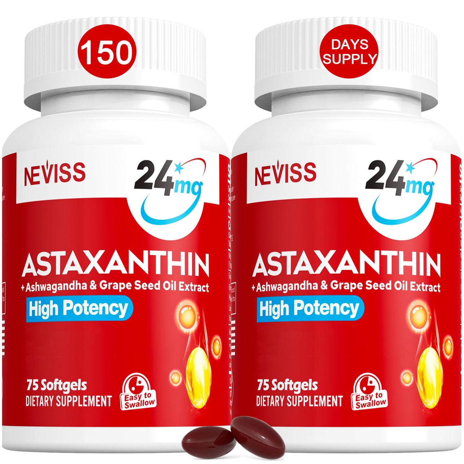 Astaxanthin Supplements 24mg, 5 Month Supply - Coconut MCT Oil, Fresh Microalgae Source w/Grape Seed Oil, Ashwagandha - Antioxidants for Healthy Skin, Eyes, Aging - Non-GMO &amp; Gluten Free, 150 Softgels