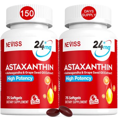 Astaxanthin Supplements 24mg, 5 Month Supply - Coconut MCT Oil, Fresh Microalgae Source w/Grape Seed Oil, Ashwagandha - Antioxidants for Healthy Skin, Eyes, Aging - Non-GMO &amp; Gluten Free, 150 Softgels