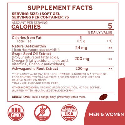 Astaxanthin Supplements 24mg, 5 Month Supply - Coconut MCT Oil, Fresh Microalgae Source w/Grape Seed Oil, Ashwagandha - Antioxidants for Healthy Skin, Eyes, Aging - Non-GMO & Gluten Free, 150 Softgels