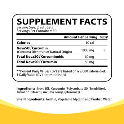 Turmeric Curcumin 1000mg for Joint Support - 185x Bioavailable, High Absorption with NovaSOL Liposomal Technology - Made in USA, 60 Softgels