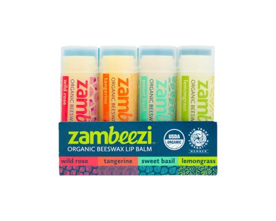 Zambeezi Fair Trade, Organic Beeswax Lip Balm - CORE 4 Pack (Wild Rose, Tangerine, Sweet Basil and Lemongrass) - Ethically Sourced