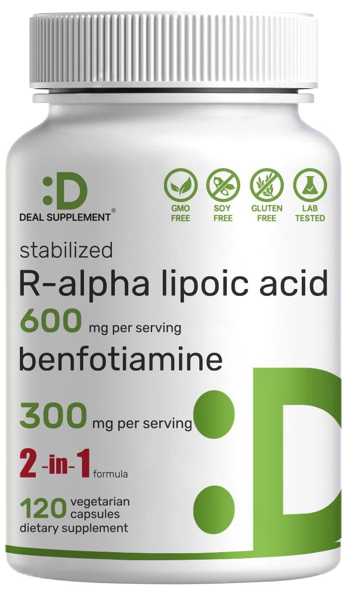 DEAL SUPPLEMENT R Alpha Lipoic Acid 600mg with Benfotiamine 300mg Per Serving, 120 Veggie Capsules - 200mg R-ALA Per Capsule - Antioxidant Supplement for Energy &amp; Nervous System Support